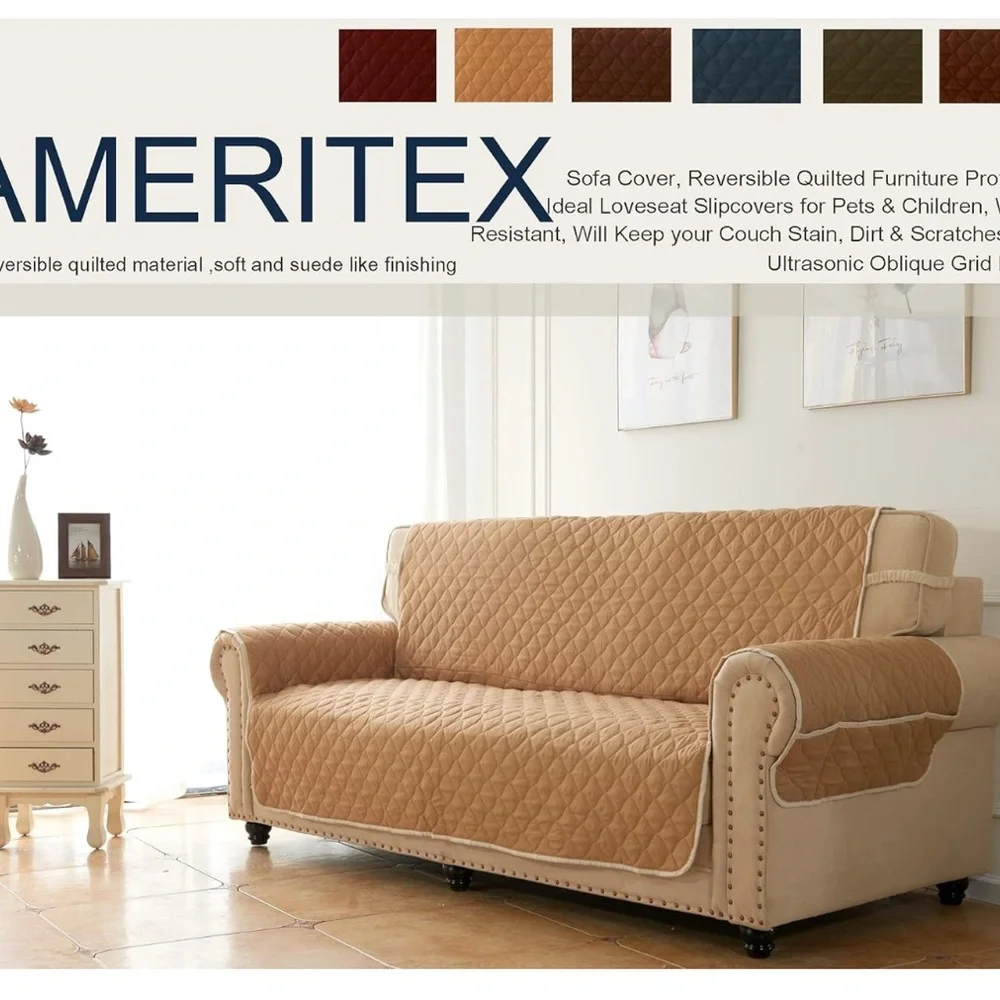 Ameritex Loveseat Cover, Reversible Quilted Water Resistant Double (Sand, 54'')